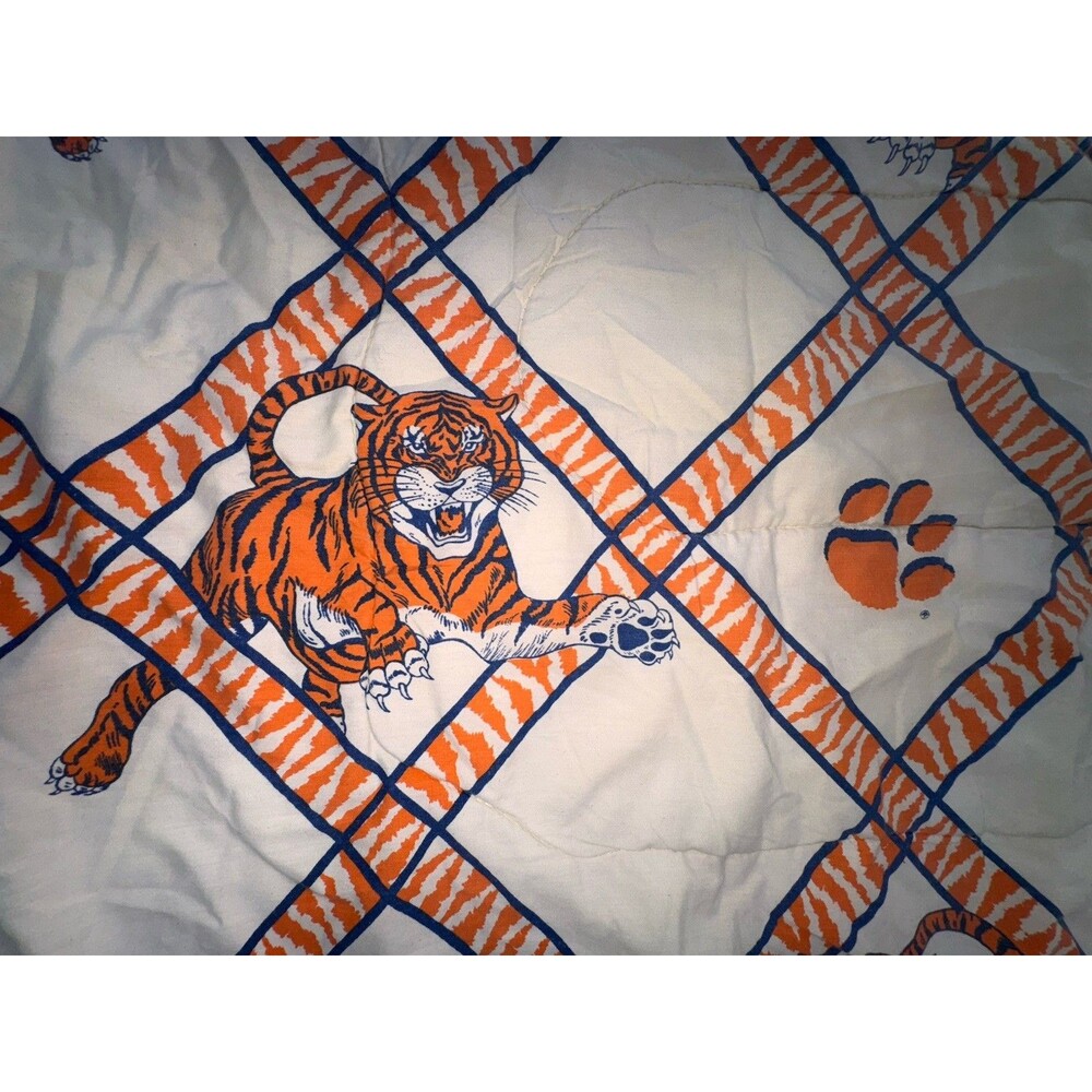 Vintage 80s Clemson Tigers Twin Comforter Quilt Blanket Tiger Paw 57x85.5 NCAA